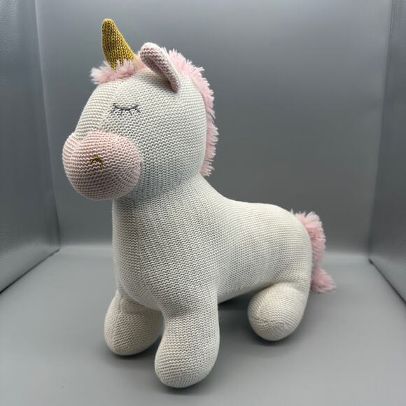 Living Textiles Standing Unicorn Rattle Plush Baby Toy Knit Cotton Kelly 13” - Picture 1 of 5